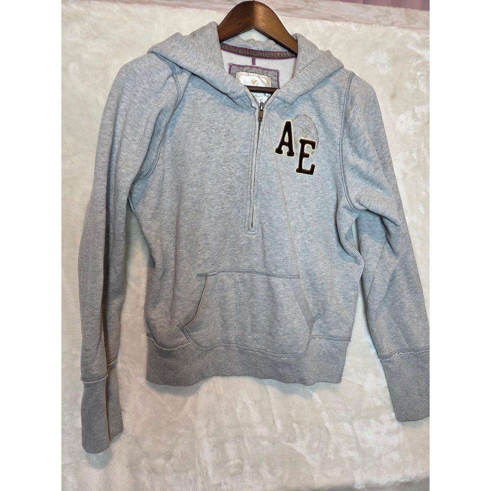 American Eagle Womens Gray Quarter Zip Hoodie AE Logo Sweatshirt Size L